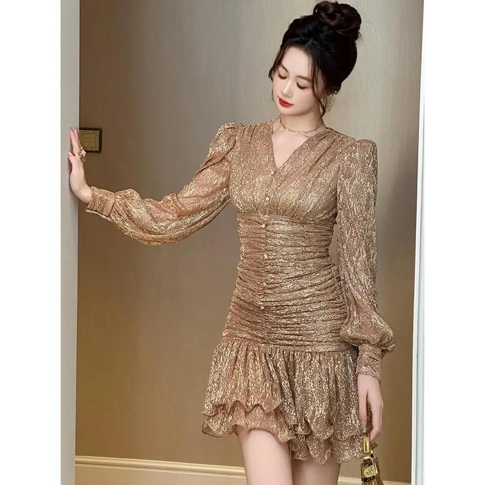 Women Clothes Fashion Sparkly Gold Bright Silk V-Neck Skinny Mermaid Short Dress Elegant Ladies Vintage Party Prom Vestido New
