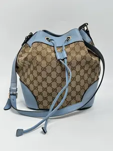 Pre-owned GUCCI canvas Shoulder Bags GG Drawstring Bucket Bag – Beige / Light Blue SH393GG