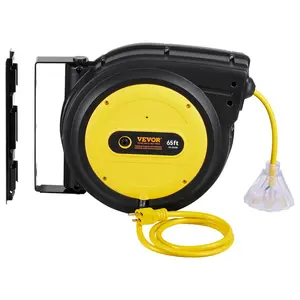 VEVOR Retractable Extension Cord Reel 65 FT Heavy Duty 12AWG/3C SJTOW with Lighted Triple Tap Outlet 15A Circuit Breaker 180° Swivel Bracket for Ceiling or Wall Mount