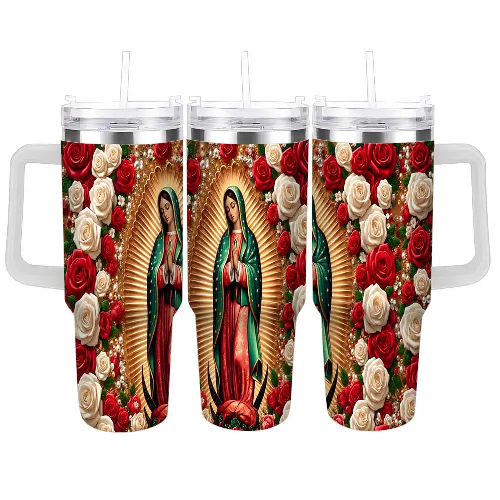 Our Lady of Guadalupe Insulated Stainless Steel Tumbler (40oz/30oz/20oz) with Lid, Religious Virgin Mary & Floral Rose Pattern, Durable Drinkware for Daily Prayer, Morning Coffee