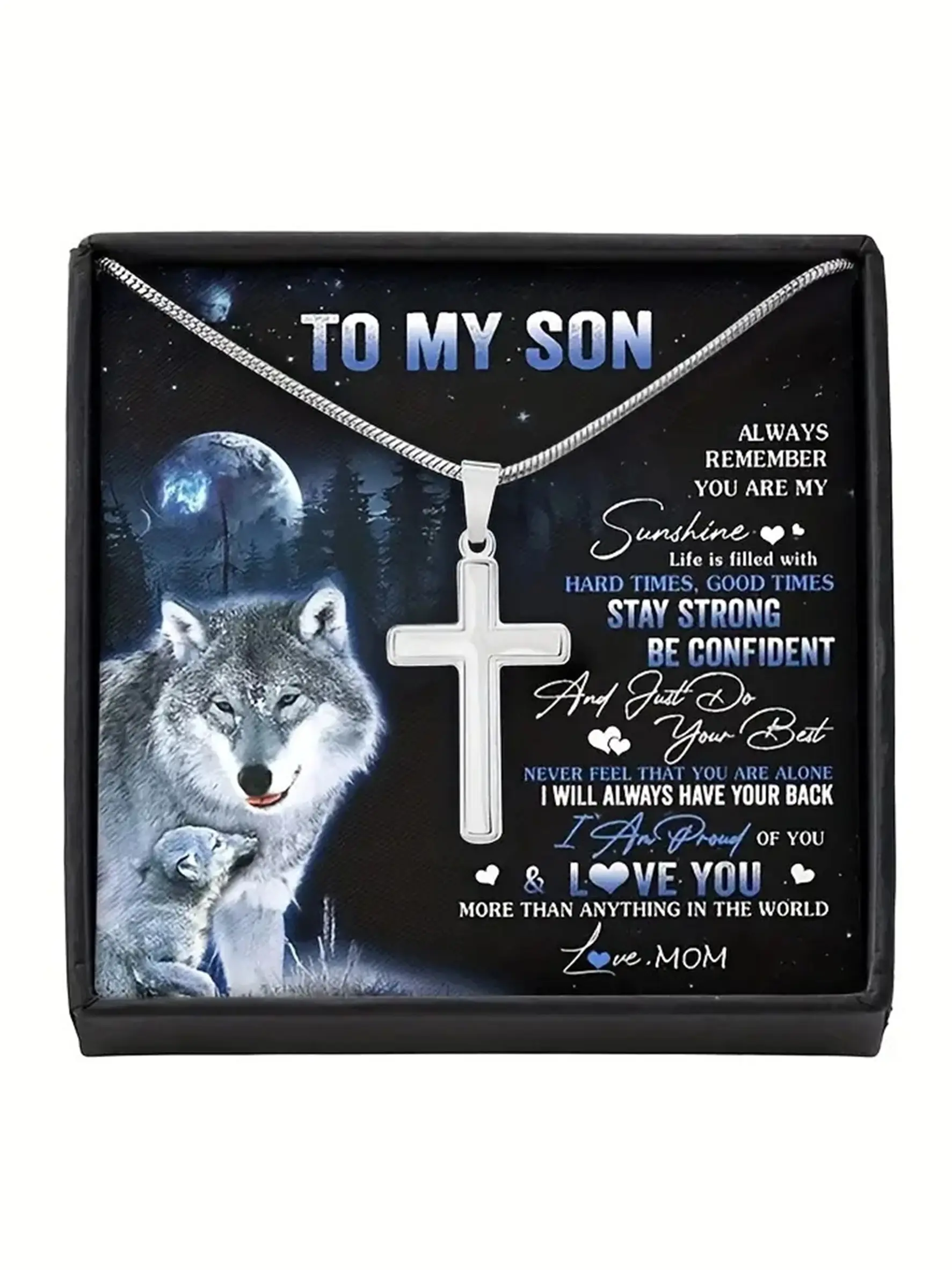 To My Son Wolf Design Cross Pendant Alloy Necklace | Love Necklace | Fashion Jewelry Accessories | With Message Card & Gift Box | Gift Ready | Perfect Christmas/Birthday/Party/Anniversary Gift