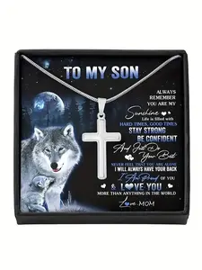To My Son Wolf Design Cross Pendant Necklace | Fashion Jewelry Accessories | With Message Card & Gift Box | Gift Ready | Perfect Christmas/Birthday/Party/Anniversary Gift