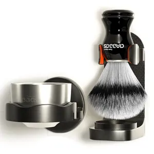 Synthetic Badger Shaving Brush and Bowl with Black ABS Wall Mounting Type Holders for Soap Bowl and Brush for Men Wet Shave