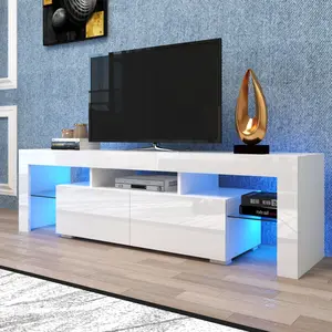 White TV Stand with 2 Storage and 3 Open Shelves High Gloss LED TV Stand, TV Entertainment Center TV Console Media Gaming TV Table Stands for Up 50 to 70 Inch