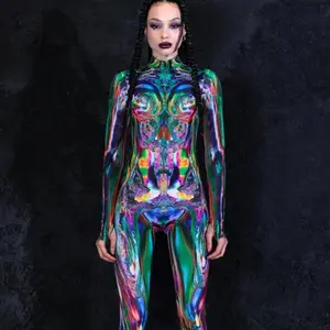 Cyber Costume for Women, rave Halloween costume, couple Halloween costumes, cyberpunk clothing, Duo Sci-fi cosplay costume, rave outfit maid  out  fit  tiktok oogie  boogie  costumes Piece Womenswear Fabric Polyester Sassy Turtleneck Print Skinny Slim