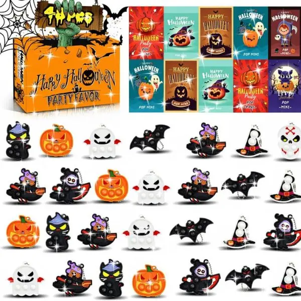 48 Pack Halloween Pop Keychain Fidget Toys, Mini Pop It Party Favors for Kids, Trick or Treat Goodie Bag Stuffers, Classroom Rewards, Stress Relief Toys