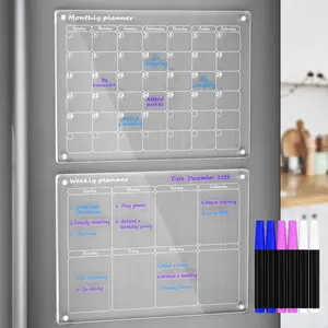 Acrylic Magnetic Monthly and Weekly Calendar for Fridge, Clear Set of 2 Reusable Dry Erase Board Planner, Includes 6 3-Color Dry Erase Markers, 16"x12"Inches