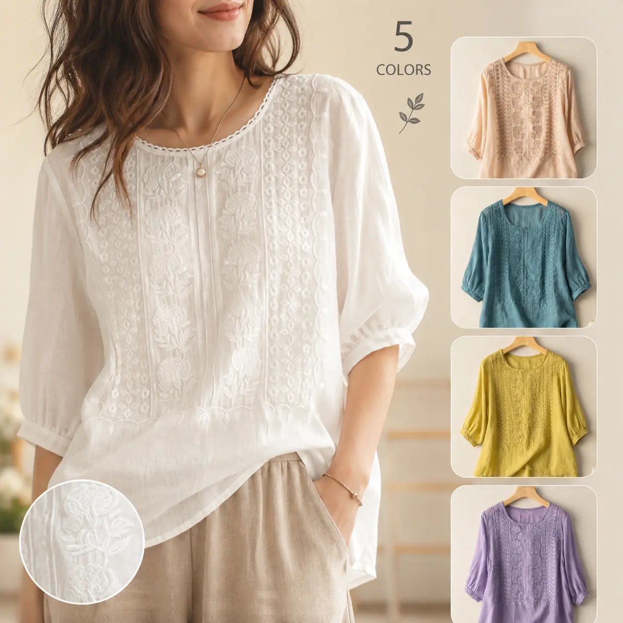 Women's Vintage Cotton Linen Crew Neck Short Sleeve T-Shirt, Breathable Casual Loose Summer Tee