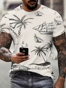 Designer New Summer Nautical Style Coconut Tree Sailboat Print Men'S T-Shirt Versatile Breathable Casual Slimming Round Neck Top