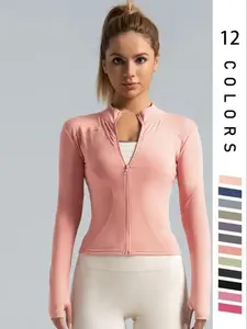 Women's Solid Zip Up Thumb Hole Sports Outwear, Fall Outfits, Quick Drying Breathable Long Sleeve Sports BBL Jacket, Ladies Fall Sportswear for Indoor Wear, Fall Outfits 2024, Fall Outfits, Fallfreshness
