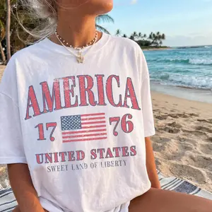 Comfort Colors Retro America 4th of July Shirt, Preppy Patriotic USA Tee, Trendy Aesthetic Summer T-Shirt, Cute Americana Gift