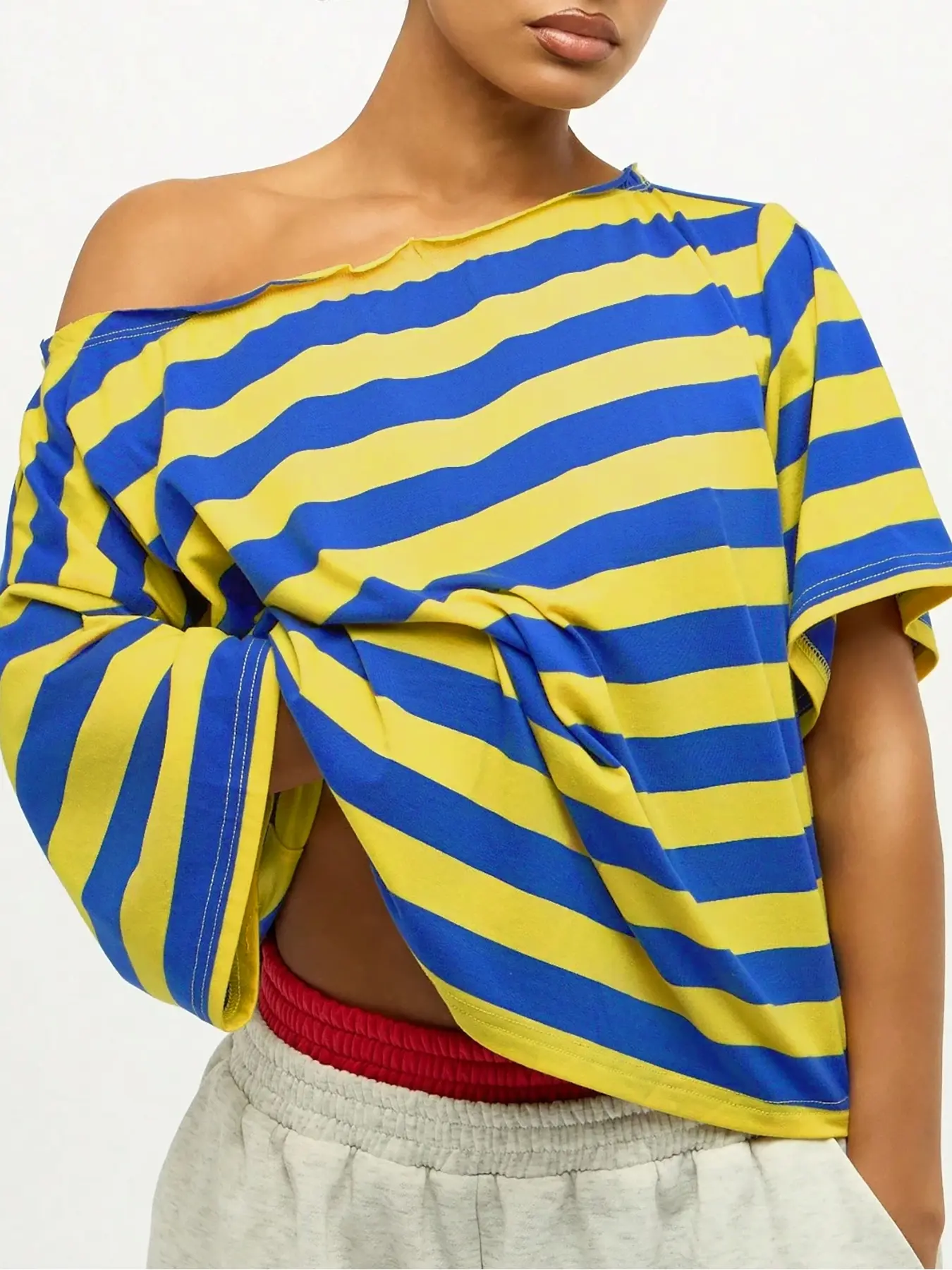 WOMEN Off Shoulder Striped Top Blouses Shirts Tops Casual Summer Fashion Oversized Loose Fit Boxy Short Sleeve Pullover Bold Street Style Womenswear