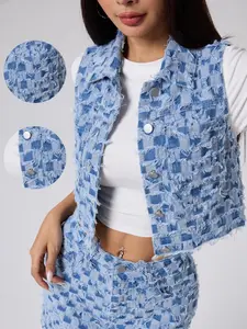 Vintage Washed Distressed Scottish Vest Waistcoat, Short, Classic, Retro Style, Casual Wear, Men's Fashion, Perfect for Daily Use, Denim Vest