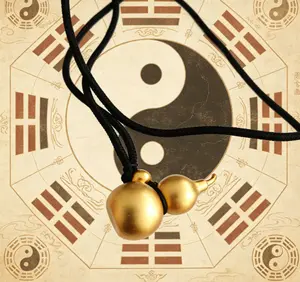 18K Gold Plated Matte Gourd Pendant Necklace, Traditional Taoist Hulu Blessing Amulet with Black Braided Cord