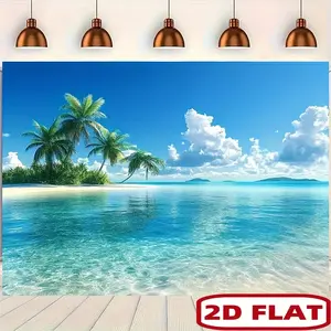 2D Flat, 2D Flat Beach Party Tapestry - Tropical Palm Trees & Crystal Clear Waters Wall Hanging, Polyester No-Install Decor for Living Room, Bedroom, Office, Bachelor Party, Bridal Shower, Birthday, General Celebrations, Beach Theme Decoration, Beach Them