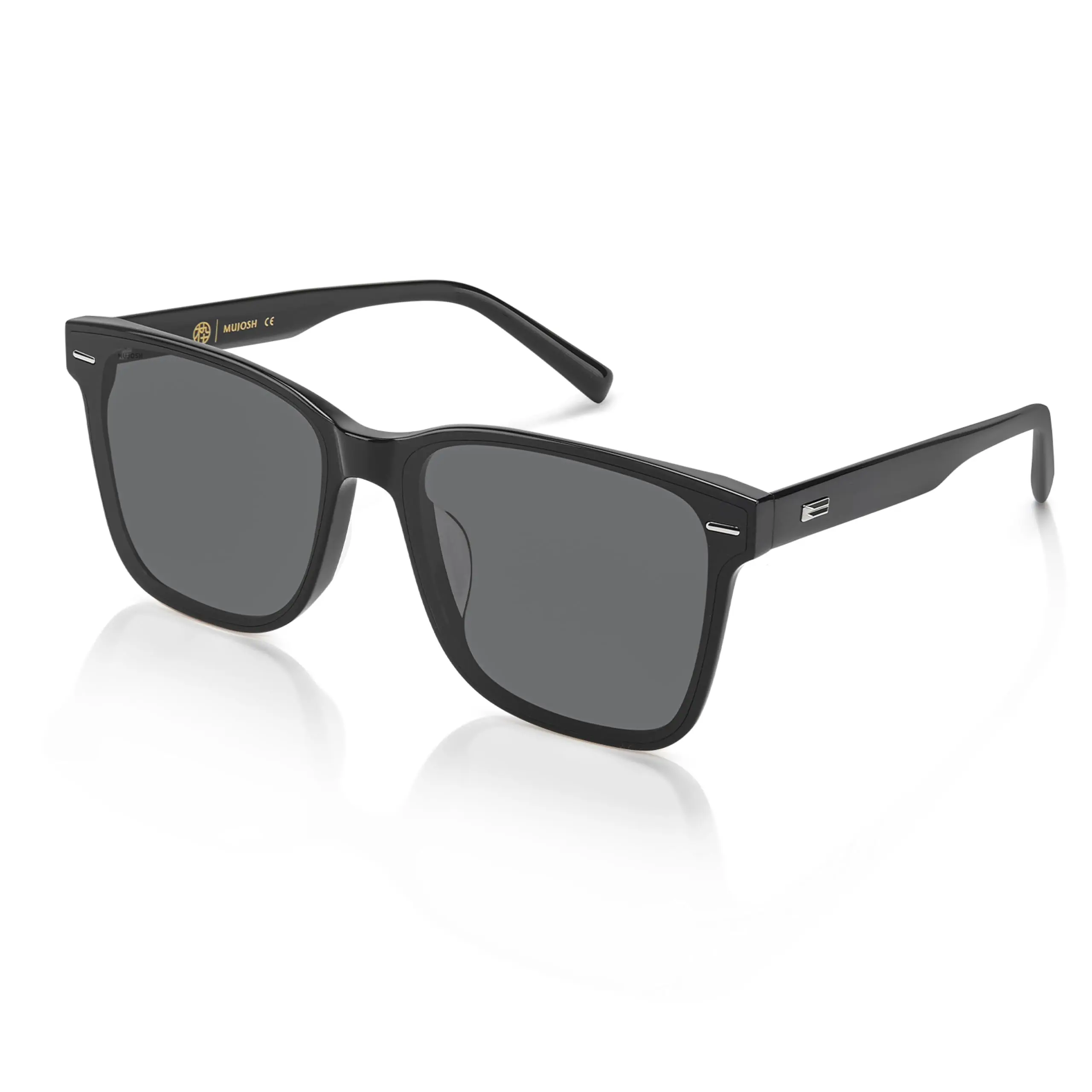 MUJOSH Classic Square Sunglasses for Men Women, Polarized UV400 Shades with Integrated Nose Pads & Crystal Tip, Trendy Rivet Decor Eyewear for Travel, Obsidian Black, Brand of EssilorLuxottica