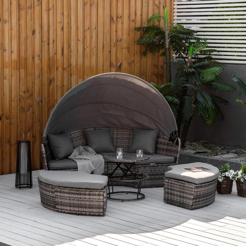 4 Piece Round Rattan Daybed Convertible Patio Furniture Set with Adjustable Sun Canopy Sectional Outdoor Sofa 2 Chairs Extending Tea Table Ottoman Chair 3 Pillows Gray