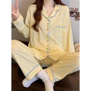 christmas pajamas Sweet Lemon Yellow Plaid Two-piece Pajamas - Soft Long-sleeved Top With Colorful Love Embroidery, Stretch Belt Pants - Autumn And Winter Casual Home Clothes