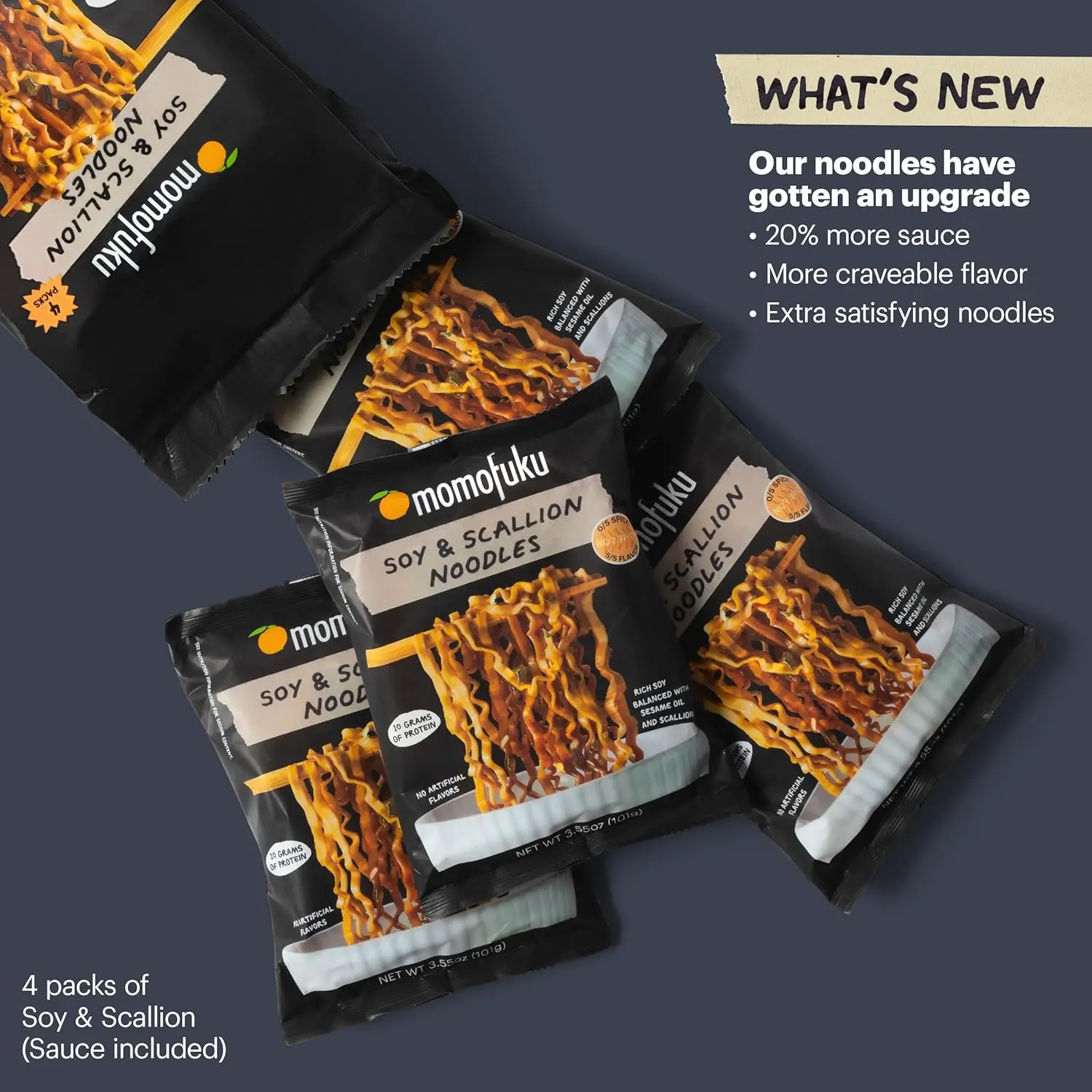 Momofuku Soy & Scallion Ramen Noodles by David Chang, 4 Pack of Restaurant Quality Instant Noodles Now with More Sauce & 10g of Protein Food Spicy
