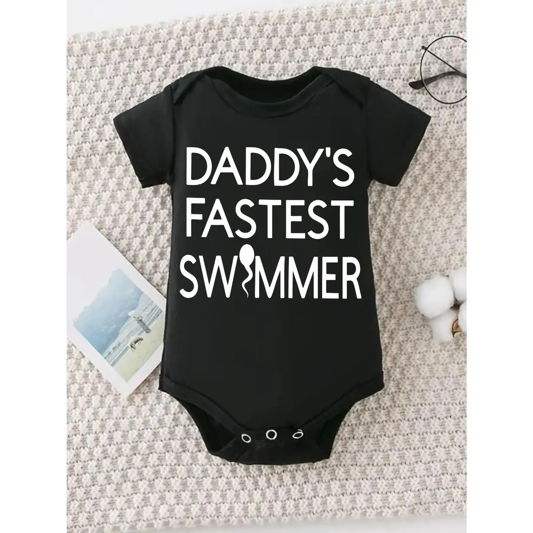 Unisex Baby Bodysuit, "Daddy's Fastest Swimmer" Funny Graphic Print, Short Sleeve, Soft Cotton Blend Onesie for Infants 0-12 Months, Baby Items