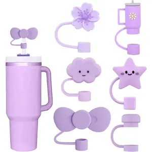 Purple Straw Cover Cap for Stanley Cup, 6pcs Silicone Flower Straw Toppers Compatible with 20 30 40 Oz Tumbler with Handle, 0.4in/10mm Cute Dust Proof Reusable Straws Stopper Accessories