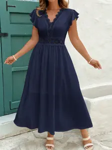 Lace V Neck Waist Cinch Dress, Summer Plus Size Hollow Out Embroidery Flutter Sleeve, Elegant Mid-Length a Line Dress, Casual Wear
