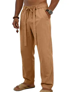 Men's Loose Fit Linen Pants, Athleisure Casual Pants, Breathable Home Wear, Trendy Vacation Style, Sporty Straight Leg Long Trousers, Comfortable Daily Wear