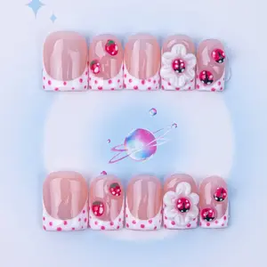 Nailssbysheccid, 10pcs press-on nails, Glossy acrylic nails, short square type, 100% handmade, Y2K style, combined with French style, 3D, suitable for family dinners, dates, weddings, comes with jelly glue, crystal sticks and twisting rods