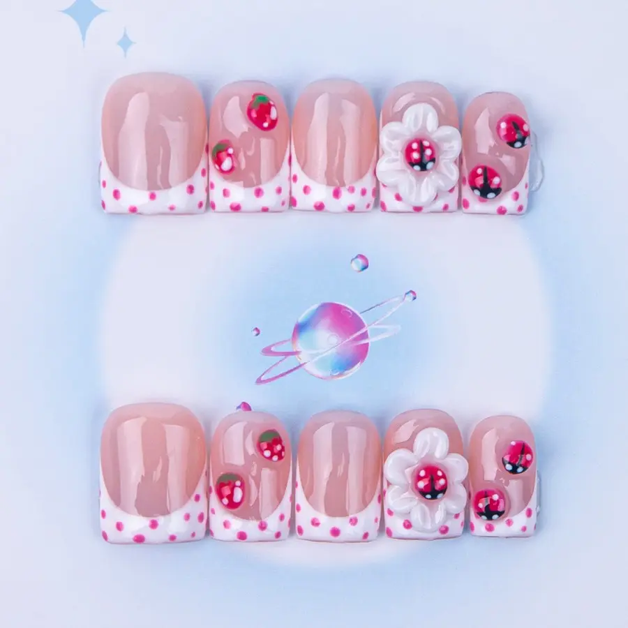 Nailssbysheccid, 10pcs press-on nails, Handmade Press ons, Fake nail, Decorative Nails, square shape, 100% handmade, Y2K style, French style, 3D, suitable for dates, weddings, gift for girls, comes with jelly glue, crystal sticks and twisting rods