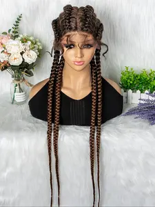 1 Piece 36 Inch Burgundy 4 Strands Long Ponytail Extension With Wig Cap, Synthetic Braided Lace Wig For Party, Daily Use, Braided Hair Wigs