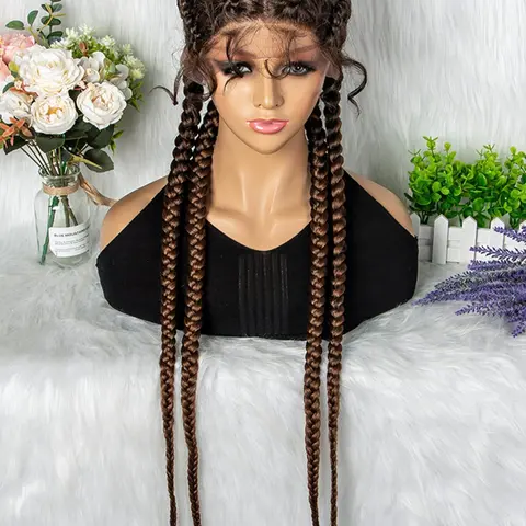 1 Piece 36 Inch 4 Strands Long Ponytail Extension With Wig Cap, Synthetic Braided Lace Wig For Party, Daily Use