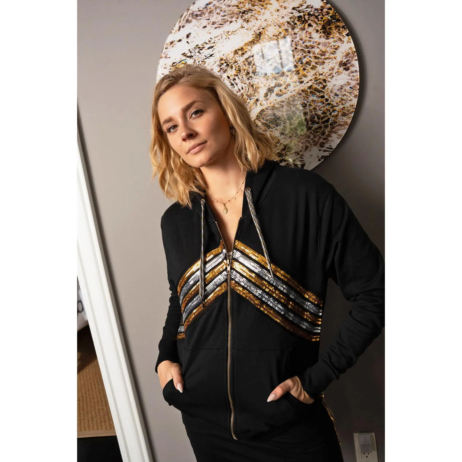 Eclipse Sequin Chevron Chest Stripe Full Zip