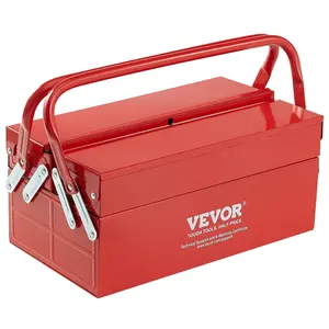 VEVOR Metal Tool Box, 14-inch, 2-Tier 3-Tray Portable Folding Tool Chest Organizer with Handle & Lock Hole, Powder Coated Steel, Cantilever Toolbox for Household Factory Warehouse Repair Shop, Red