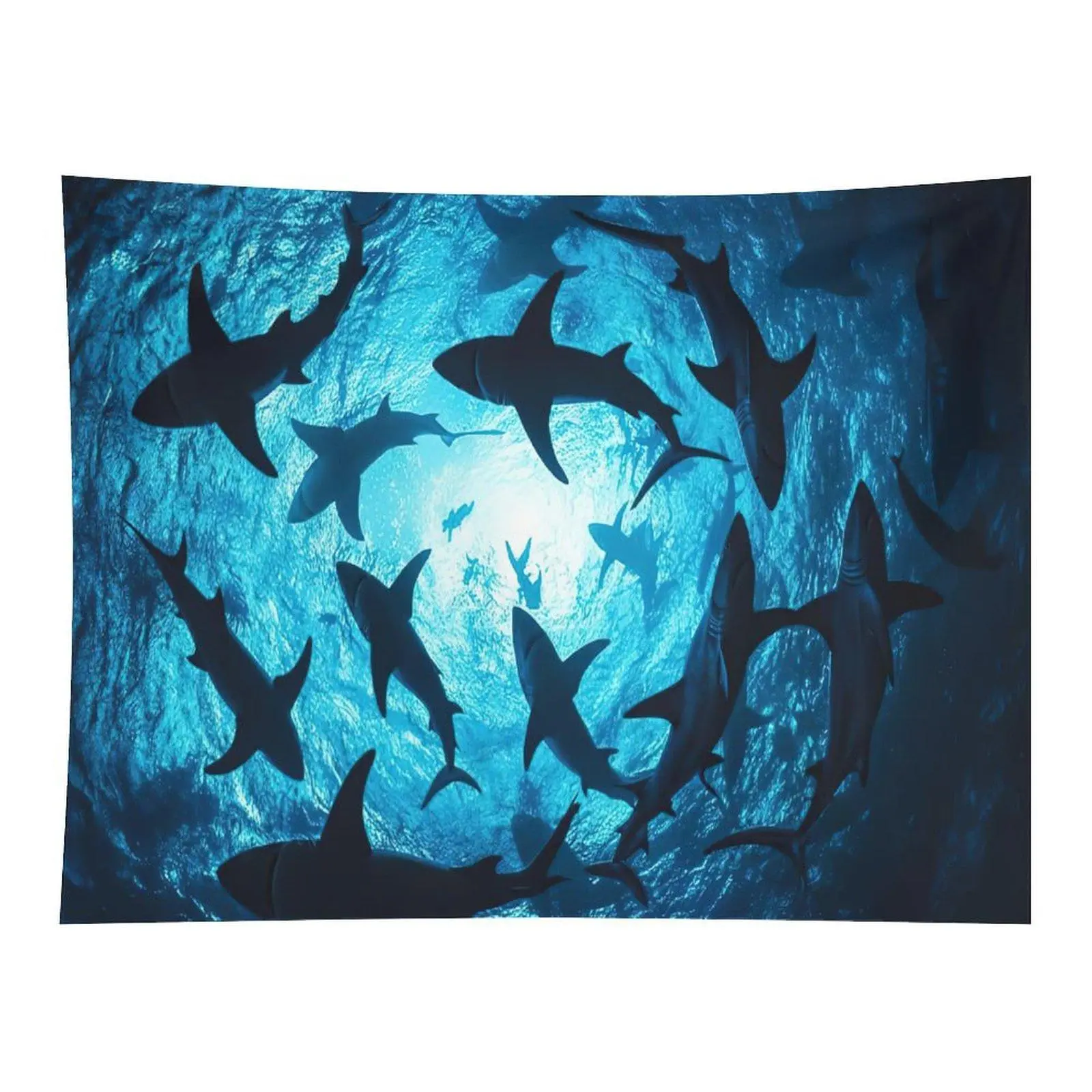 Underwater Shark Tapestry Blue Ocean Predator Silhouette Wall Hanging for Bedroom Decor