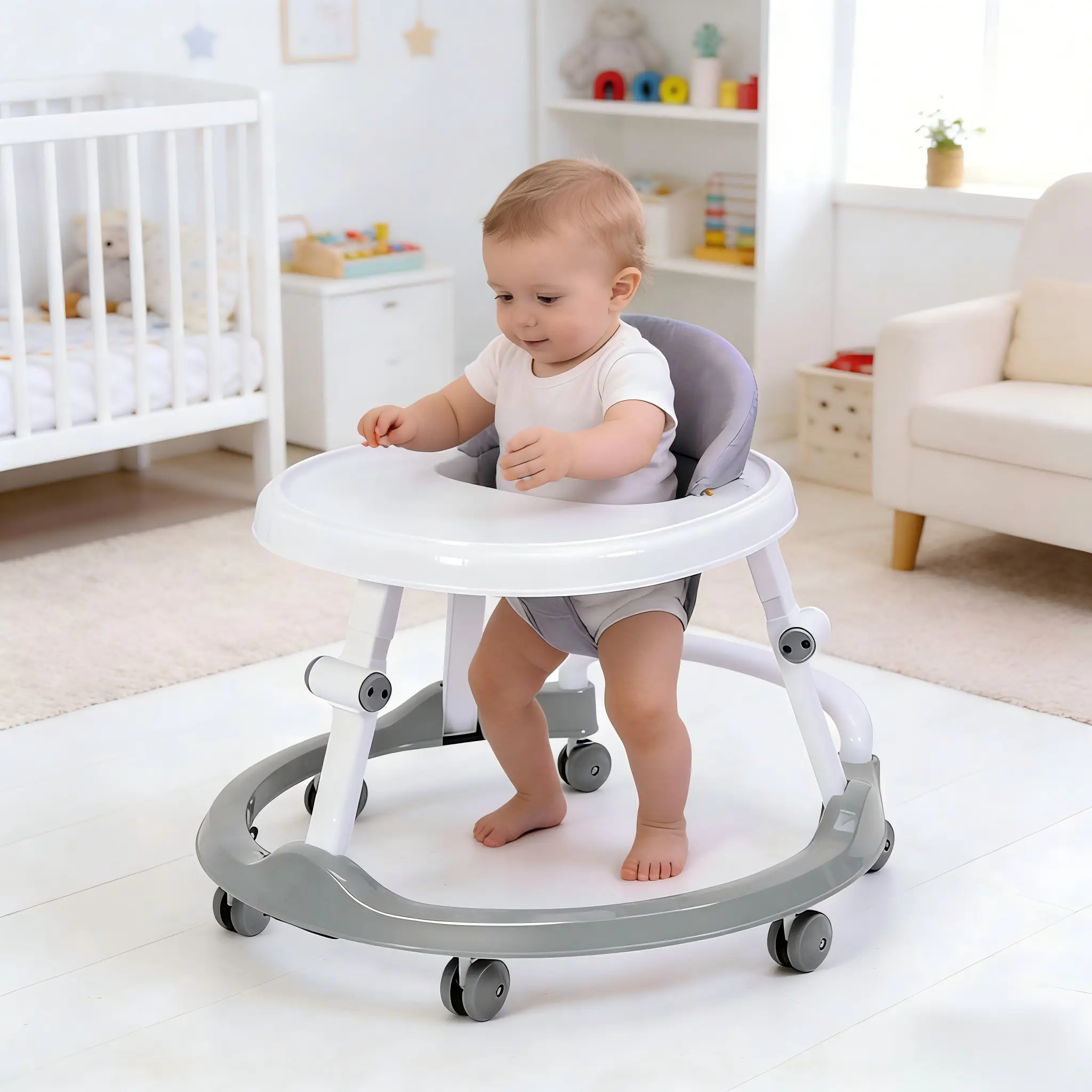 Foldable Baby Walker, Adjustable Height Baby Activity Walker with Entertainment Tray, Lightweight Compact Space-Saving Baby Walking Helper with Anti-Slip Brake Pads, Support up to 26 lbs for 6+ Months Infants, Grey