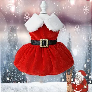 1pc Luxury Pomeranian Chihuahua Shih Tzu Small Dog Clothes - Red Plush Pet Dress with Golden Belt and White Trim, Snap Closure, Christmas and New Year Party Outfit Designed for Pomeranians, Small Dog Pet Apparel - Soft Plush Material, Cinched Waist