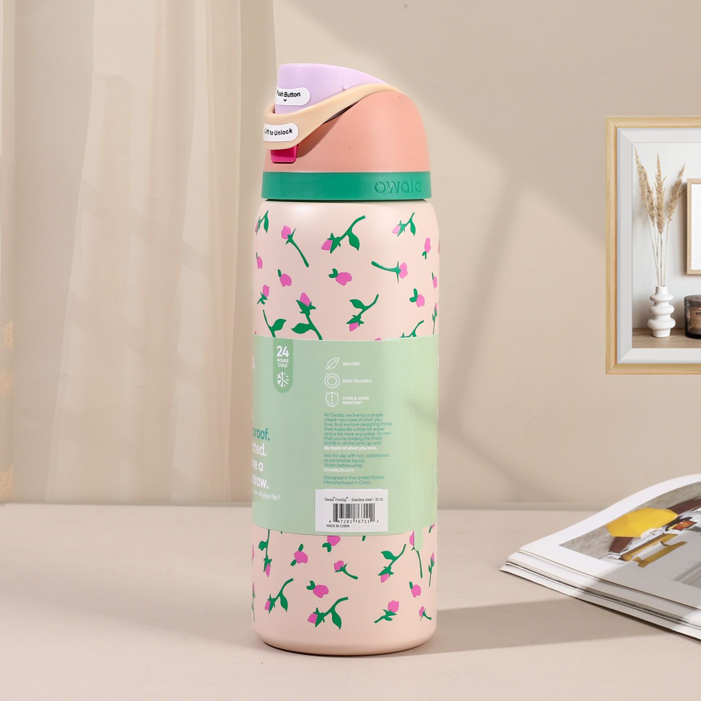 Owala 32oz Insulated Floral Print Retro Look Tea Strainer Water Bottle with Straw - Leakproof, Portable, Women's Single Bottle Drinkware for Gym, Travel