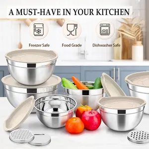 Stainless Steel Nesting Storage Bowls for Kitchen, 6 Piece Mixing Bowls with Lids Set, with 3 Grater Attachments & Non-Slip Bottoms, Size 5.5,3.5,2.5,2.1,1.5,1.1 QT, Summer