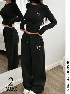 Women's Two-Piece Outfit Set, Casual Loose-Fitting Geometric Long Sleeve Top & Straight Leg Pants, Comfortable Fabric, Perfect for Daily Wear, Travel, Shopping