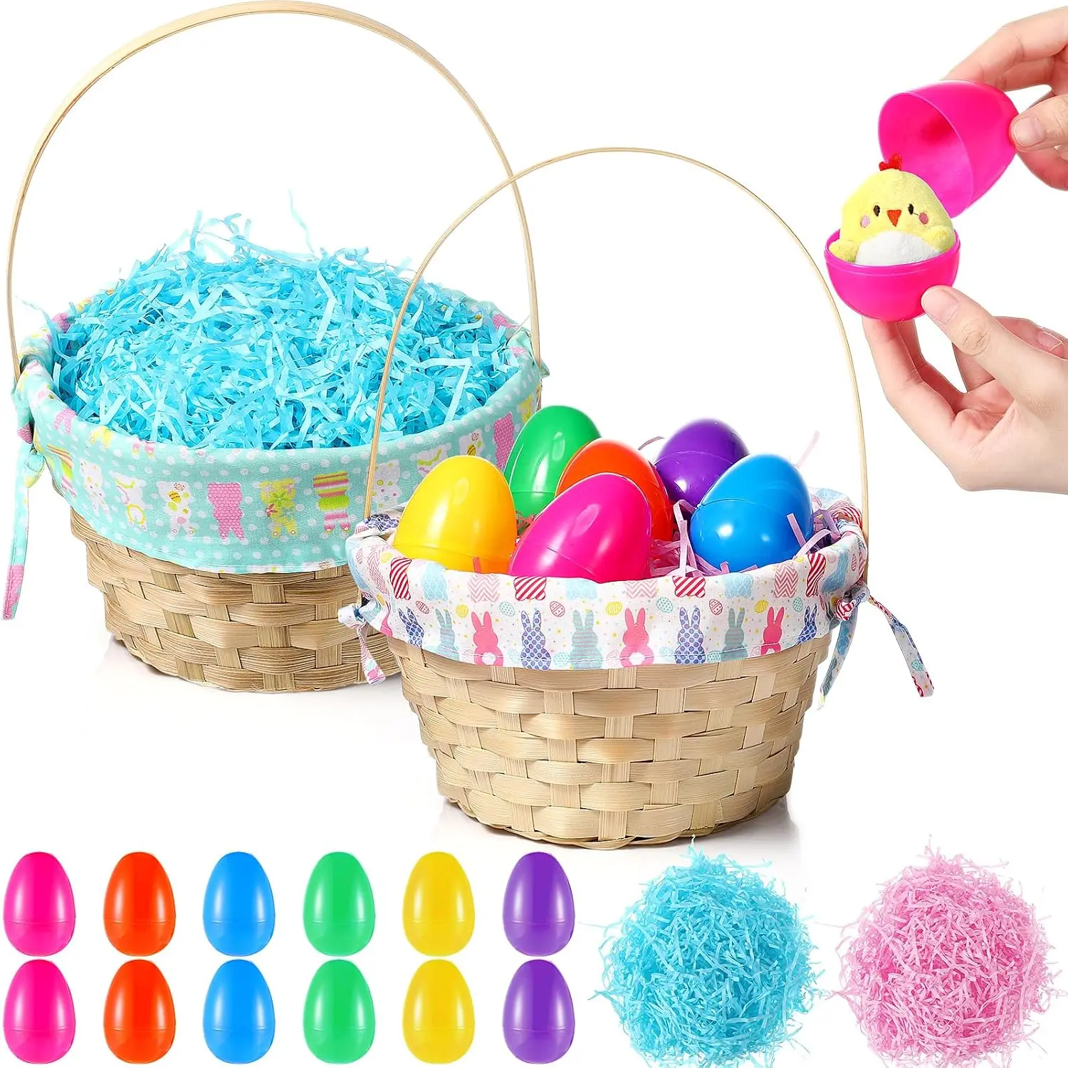 2 Sets Bamboo Woven Easter Baskets with Liners and Handle-10.8 x 8.7 x 4.95 Inch, Bulk Fillable Empty Easter Eggs and Raffia Grass for Spring Picnic Bunny Party Favors