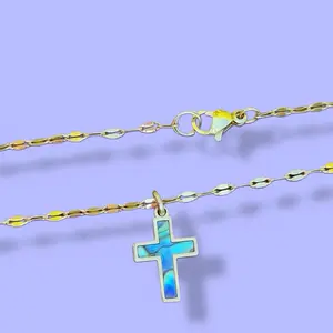 Dainty Mother of Pearl 18k Gold Plated Cross Necklace - Yellow Gold Lip Chain Necklace