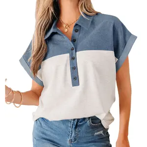 Color Block Denim Patchwork Button Polo Collar Short Sleeve Top