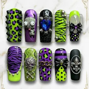 Scene Core Alien Robot Press On Nails | Y2K Neon Punk 3D Nail Art | Green Purple Animal Print | Cyber Goth Handmade Reusable Nails