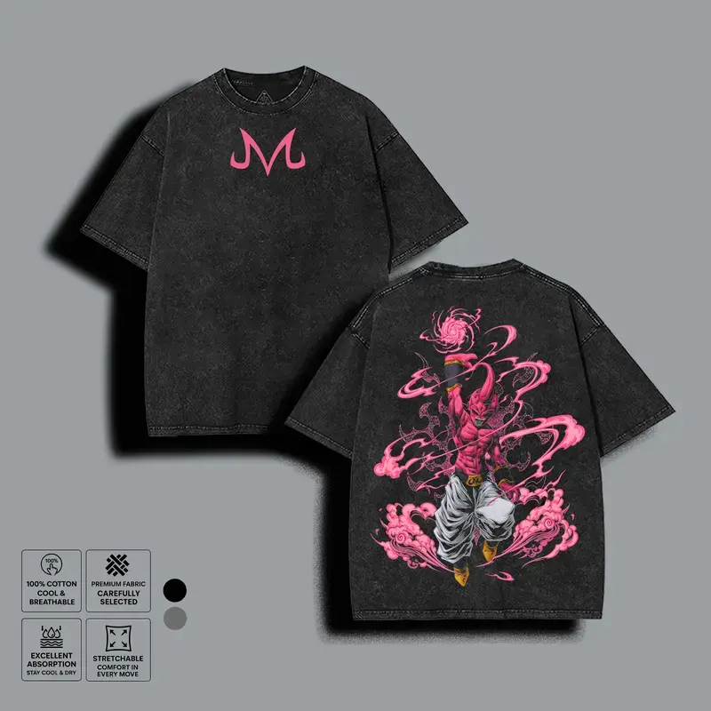 Men's Unisex 100% Cotton Oversized Crewneck Short-Sleeve T-Shirt - Pink Demon Warrior Vintage Acid Wash, Double-Sided Anime Graphic (Front M Symbol, Back Flaming Power), Retro Otaku Streetwear Fan Gift Top