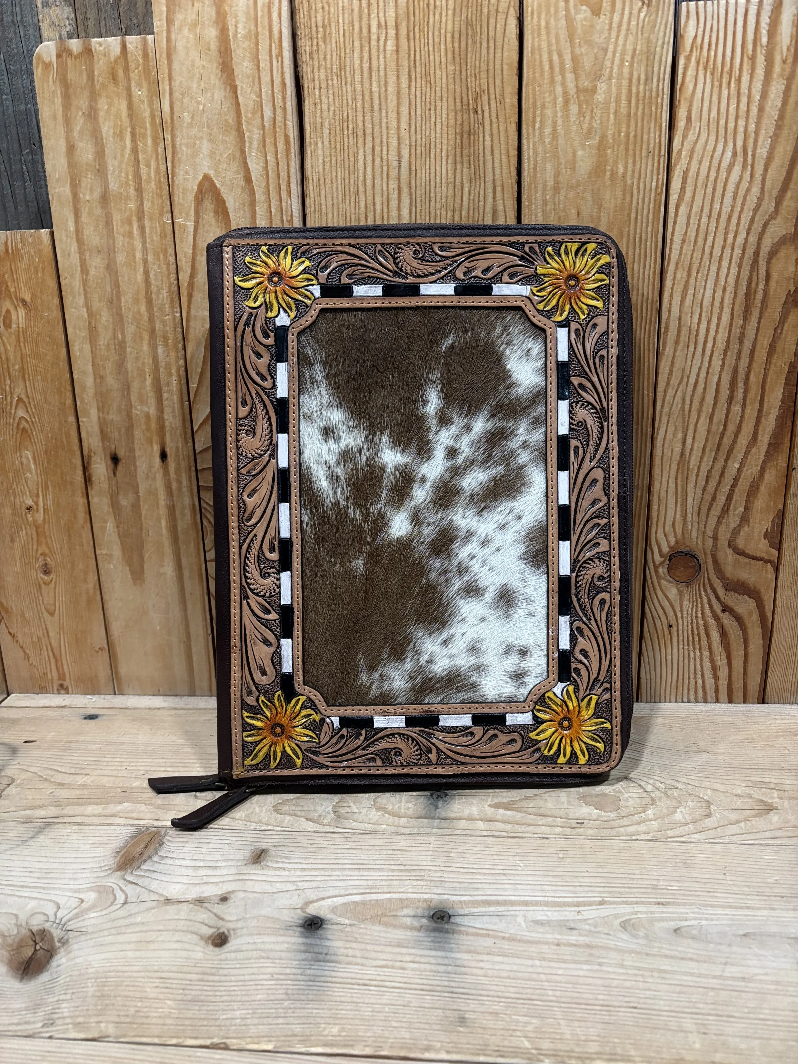Sunflower Tooled Leather & Cowhide Portfolio Binder!