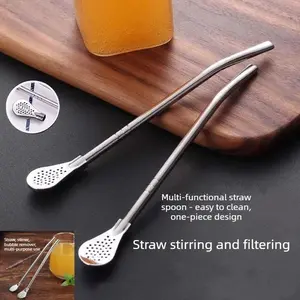 2 PCS Stainless Steel Straw and Spoon Dual-Use Creative Coffee Stirring Spoon Eco-friendly Drinking Straw for Juice and Milk Tea Filtering