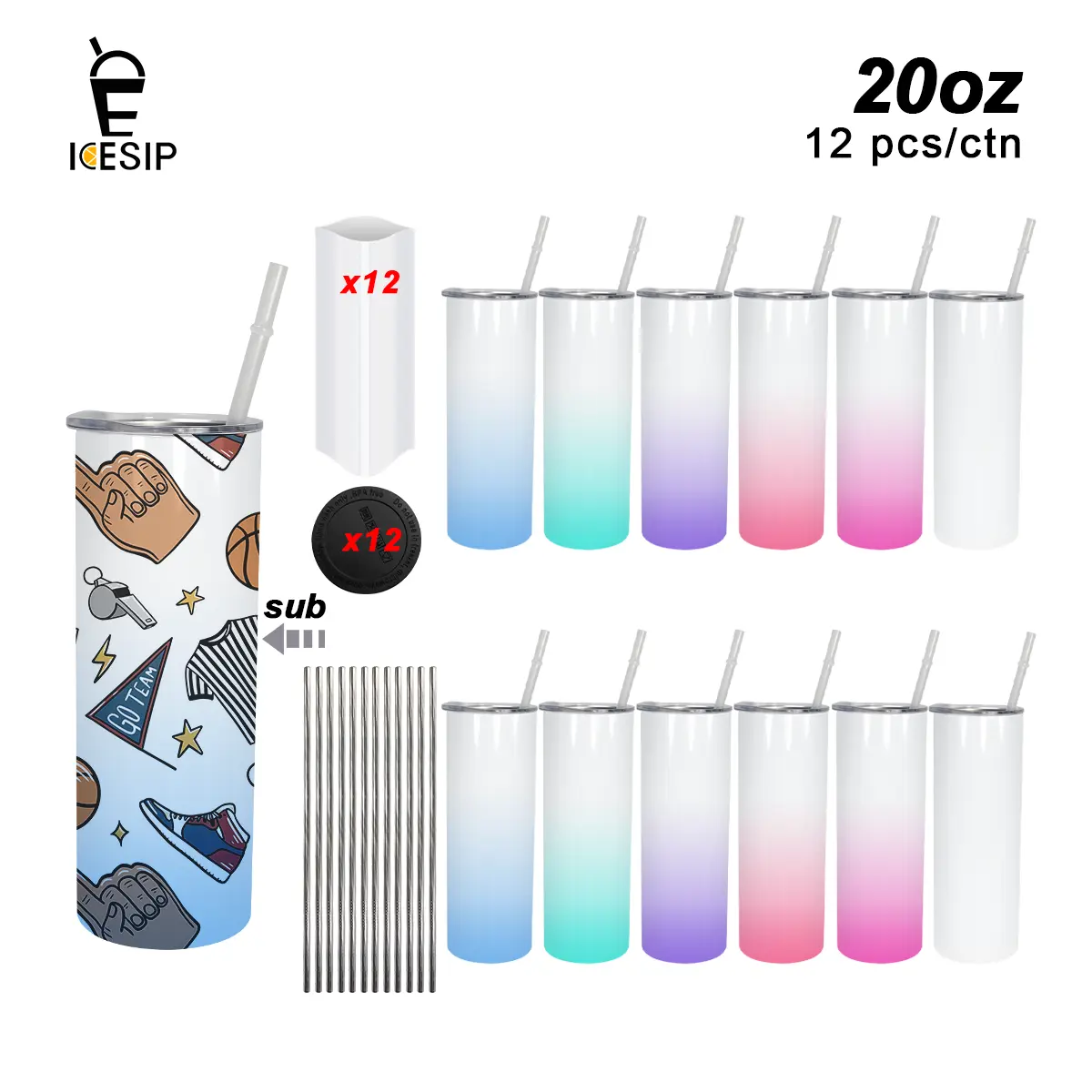 ICESIP 12/25pcs 20oz Sublimation Glossy Ombre Stainless Steel Skinny Tumbler Water Bottles with Lids & Straws, DIY Sublimation Accessories, for Iced Coffee Juice, Corporate Events Gift