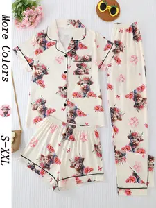 Women's Summer Cool Short Sleeve Sleepwear Loungewear Set, 3 Piece Fitted Elastic Shorts, Long Pants, Cartoon Animal Pattern, All Seasons Wear