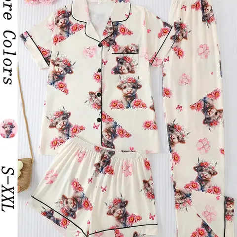 Women's Summer Cool Short Sleeve Sleepwear Loungewear Casual Nightwear Pajamas Set, 3 Piece Fitted Elastic Shorts, Long Pants, Cartoon Animal Pattern, All Seasons Wear