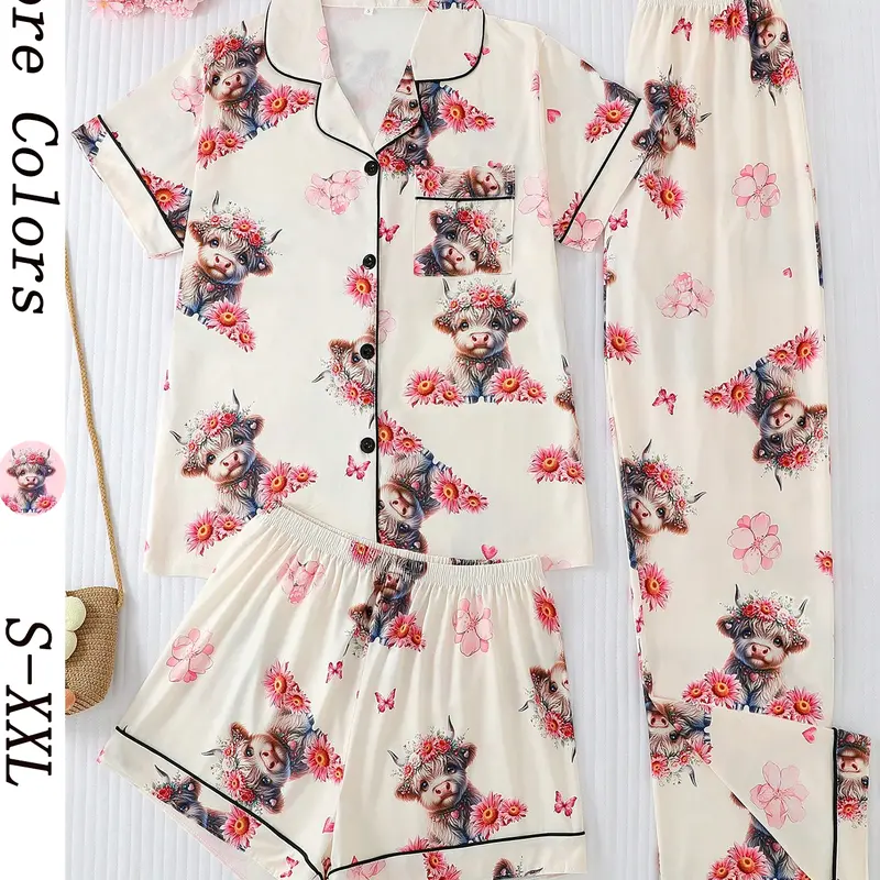 Women's Summer Cool Short Sleeve Sleepwear Loungewear Casual Nightwear Pajamas Set, 3 Piece Fitted Elastic Shorts, Long Pants, Cartoon Animal Pattern, All Seasons Wear